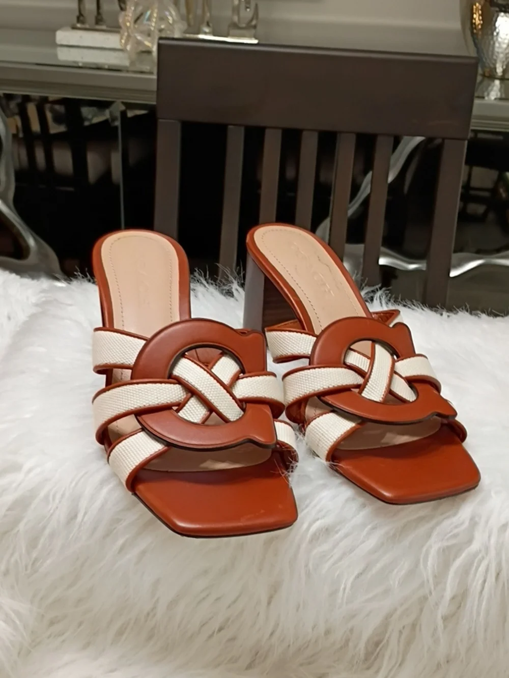 Coach Brown & Cream Braided Leather Block Heel Mule Size 8.5